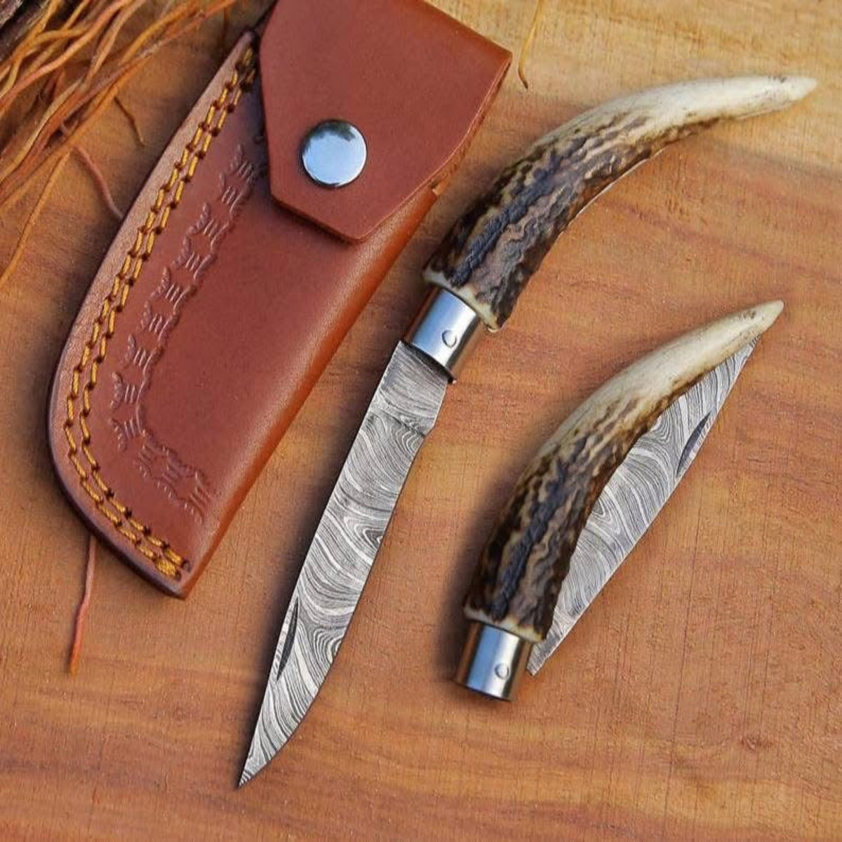 Handmade Damascus Steel Folding Knife with Stag Horn Handle