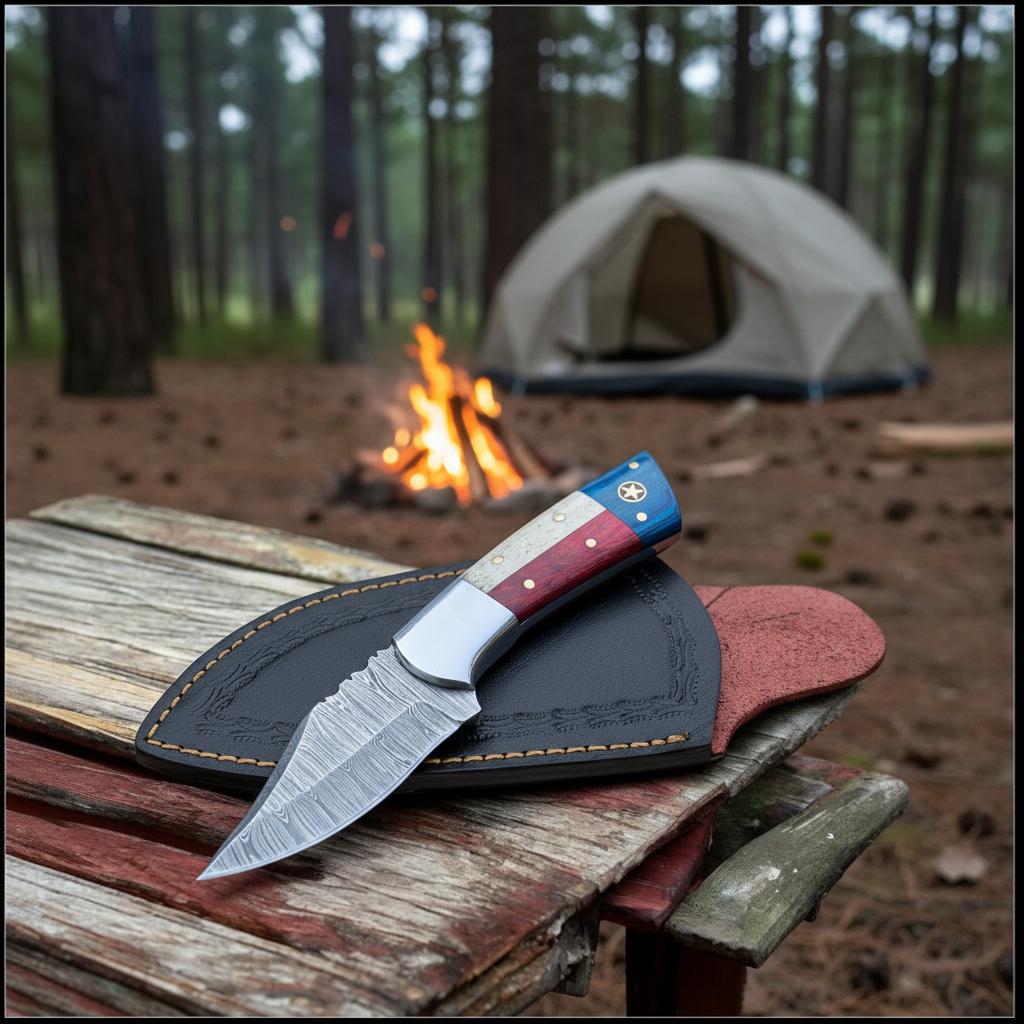 Damascus steel handmade Texas flag handle skinning knife