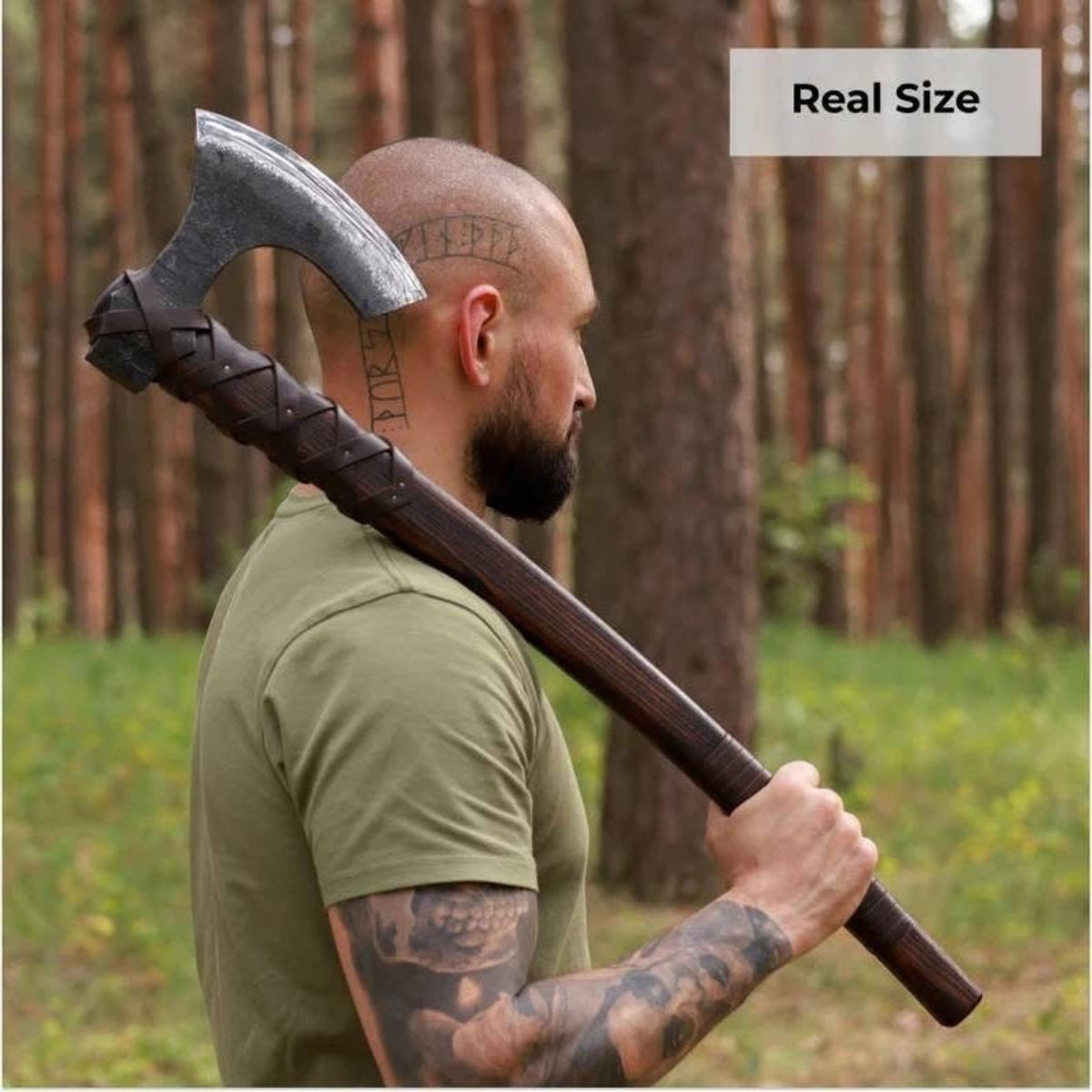 Hand-Forged Handmade Axe with Rosewood & Leather-Wrapped Handle