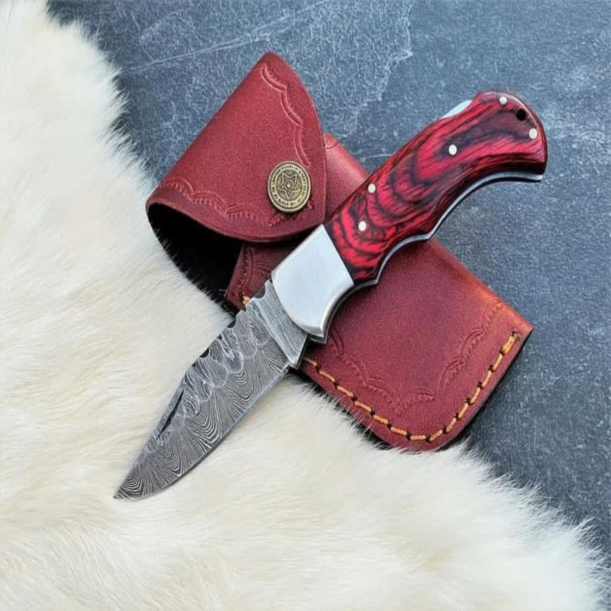 Handmade Damascus Steel Pocket Folding Knife with Colored Wood Handle