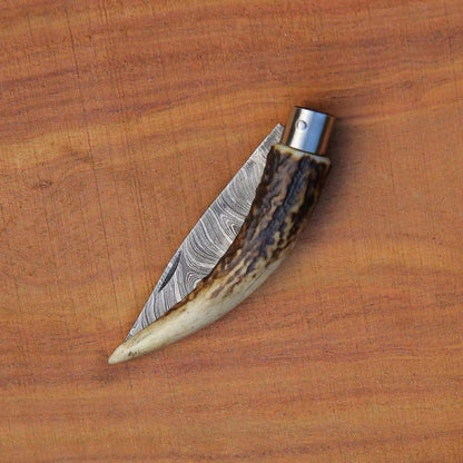 Handmade Damascus Steel Folding Knife with Stag Horn Handle