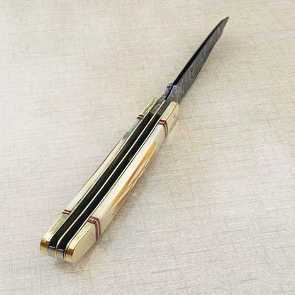 Handmade Damascus Steel Trapper Folding Knife with Camel Bone Handle