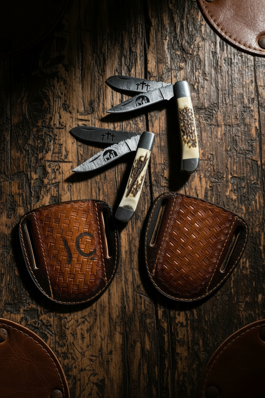 Damascus steel handmade cowboy trapper pocket folding knife