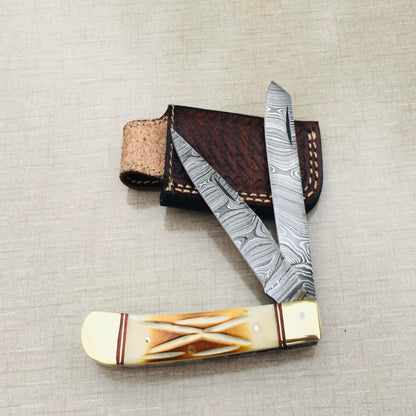 Handmade Damascus Steel Trapper Folding Knife with Camel Bone Handle