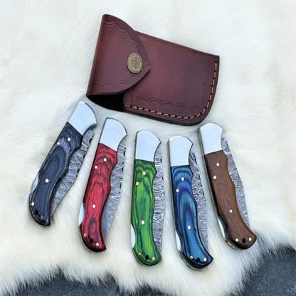 Handmade Damascus Steel Pocket Folding Knife with Colored Wood Handle