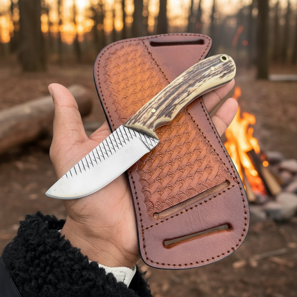 J2 rasp steel handmade skinning knife stag horn handle