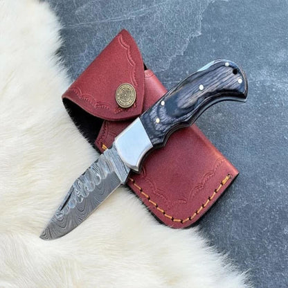 Handmade Damascus Steel Pocket Folding Knife with Colored Wood Handle