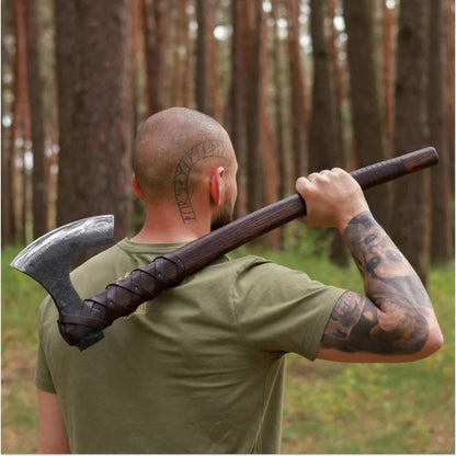 Hand-Forged Handmade Axe with Rosewood & Leather-Wrapped Handle