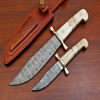 Handmade Damascus Steel Hunting Knife Set with Camel Bone Handles