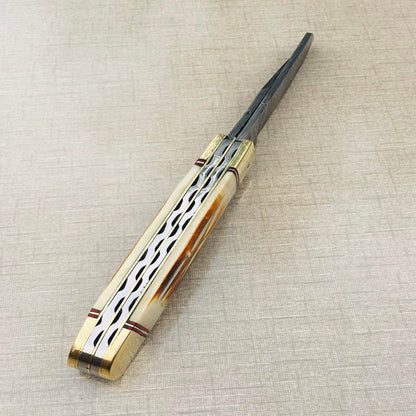 Handmade Damascus Steel Trapper Folding Knife with Camel Bone Handle
