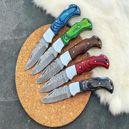 Handmade Damascus Steel Pocket Folding Knife with Colored Wood Handle