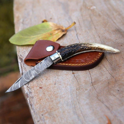 Handmade Damascus Steel Folding Knife with Stag Horn Handle