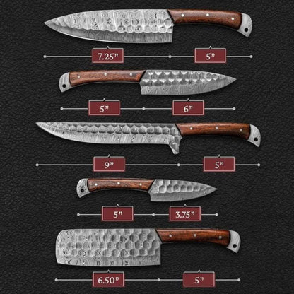Handmade Damascus Steel Kitchen Knife Set with Rosewood Handles