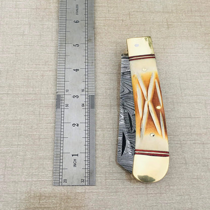 Handmade Damascus Steel Trapper Folding Knife with Camel Bone Handle