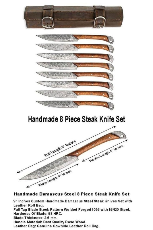 Damascus steel handmade steak knives set rose wood