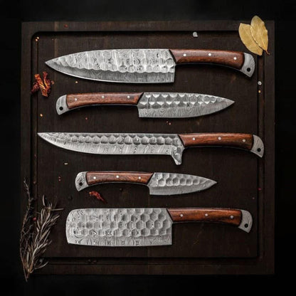 Handmade Damascus Steel Kitchen Knife Set with Rosewood Handles