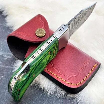 Handmade Damascus Steel Pocket Folding Knife with Colored Wood Handle