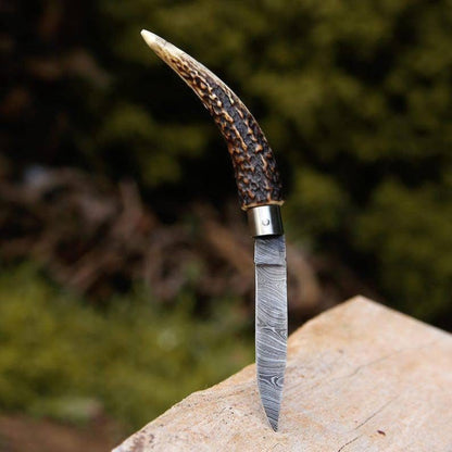 Handmade Damascus Steel Folding Knife with Stag Horn Handle