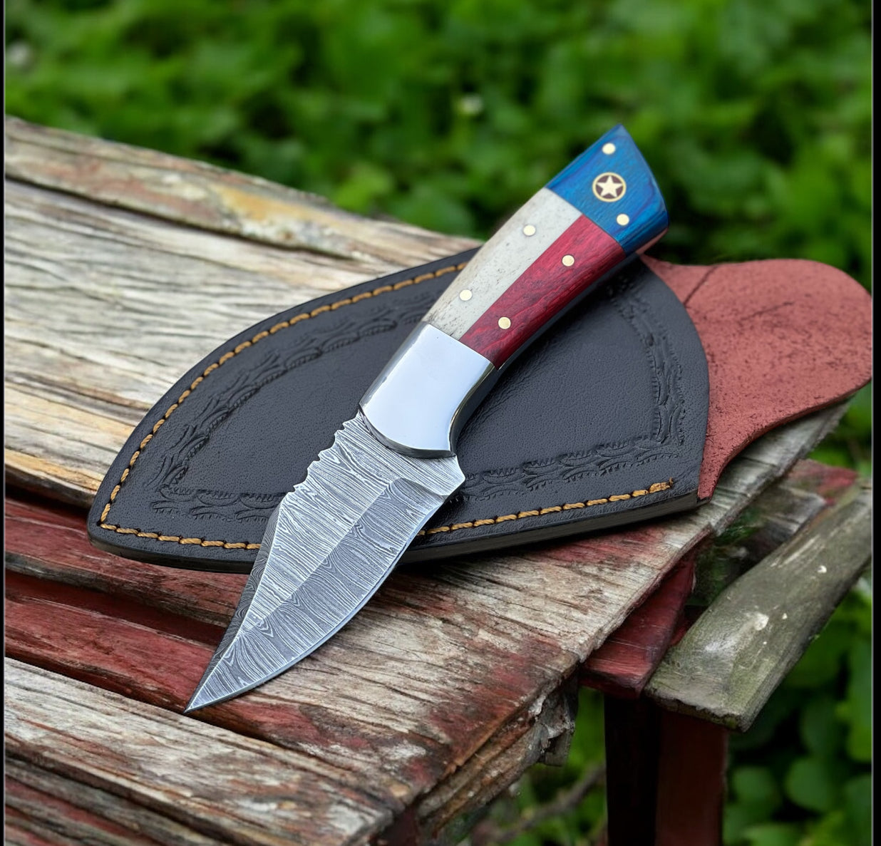 Damascus steel handmade Texas flag handle skinning knife