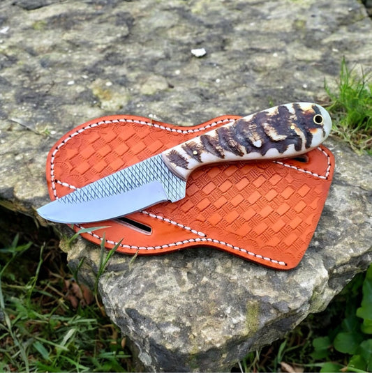 J2 rasp steel handmade skinning knife sheep horn handle