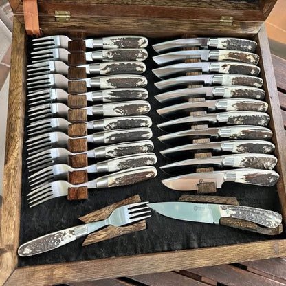 Custom Handmade Steak Knife & Fork Dining Set with Stag Horn Handles