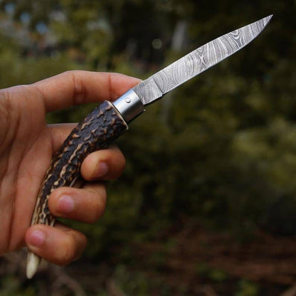 Handmade Damascus Steel Folding Knife with Stag Horn Handle