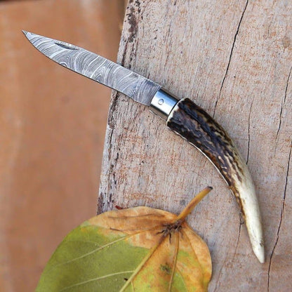 Handmade Damascus Steel Folding Knife with Stag Horn Handle