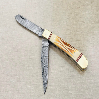 Handmade Damascus Steel Trapper Folding Knife with Camel Bone Handle