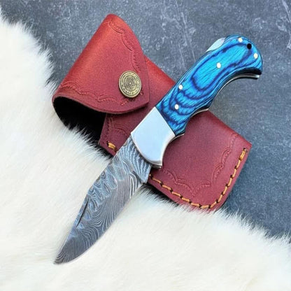 Handmade Damascus Steel Pocket Folding Knife with Colored Wood Handle