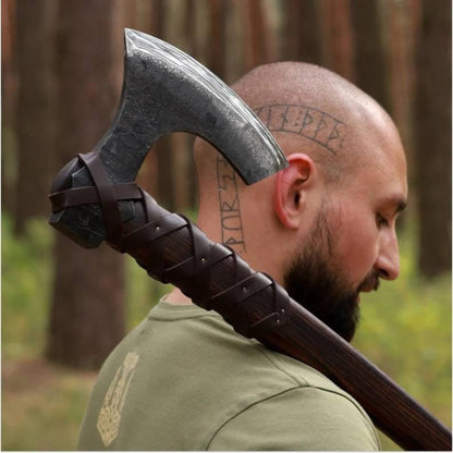Hand-Forged Handmade Axe with Rosewood & Leather-Wrapped Handle