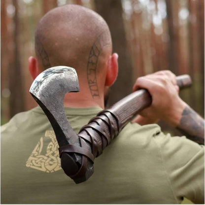 Hand-Forged Handmade Axe with Rosewood & Leather-Wrapped Handle