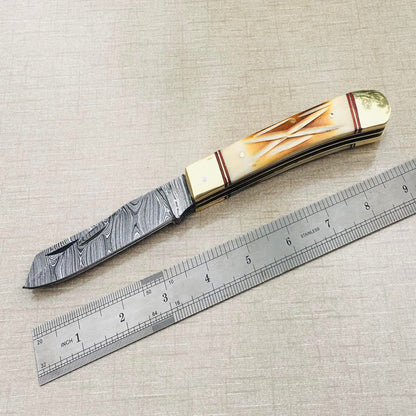Handmade Damascus Steel Trapper Folding Knife with Camel Bone Handle