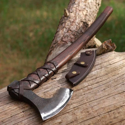 Hand-Forged Handmade Axe with Rosewood & Leather-Wrapped Handle