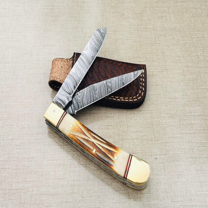 Handmade Damascus Steel Trapper Folding Knife with Camel Bone Handle