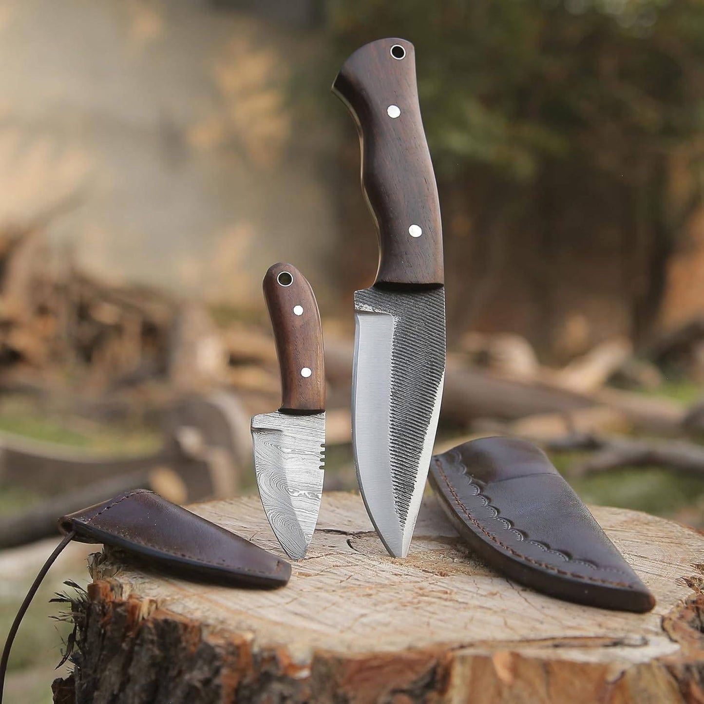 J2 File steel handmade skinning knives set Damascus mini skinner