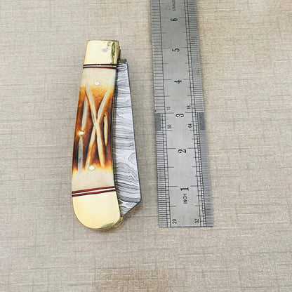 Handmade Damascus Steel Trapper Folding Knife with Camel Bone Handle