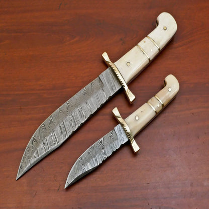 Handmade Damascus Steel Hunting Knife Set with Camel Bone Handles
