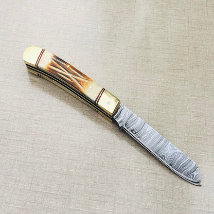Handmade Damascus Steel Trapper Folding Knife with Camel Bone Handle