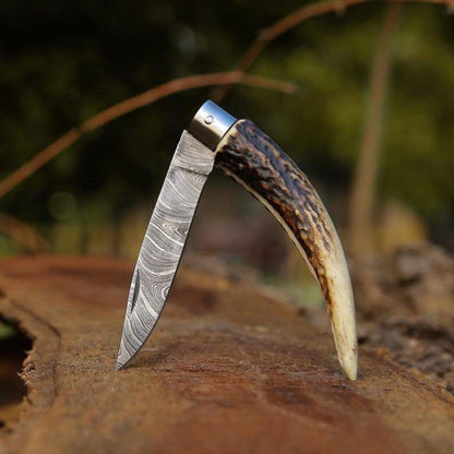 Handmade Damascus Steel Folding Knife with Stag Horn Handle