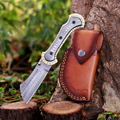 Handmade Damascus Steel Pocket Folding Knife with Brass Handle