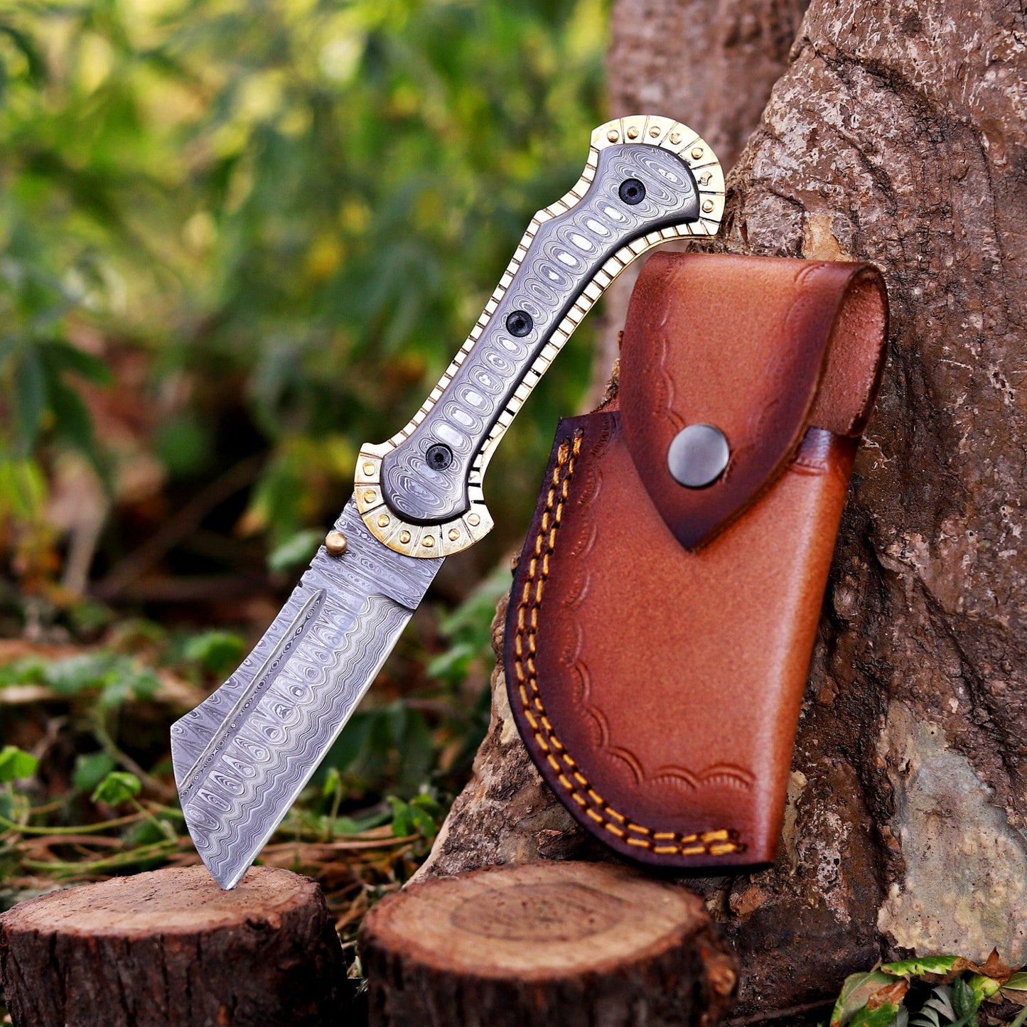 Handmade Damascus Steel Pocket Folding Knife with Brass Handle