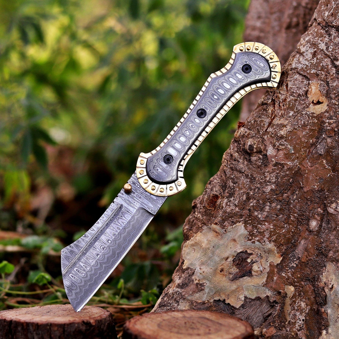 Handmade Damascus Steel Pocket Folding Knife with Brass Handle