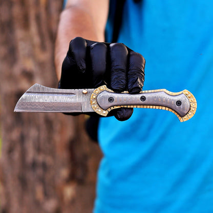Handmade Damascus Steel Pocket Folding Knife with Brass Handle