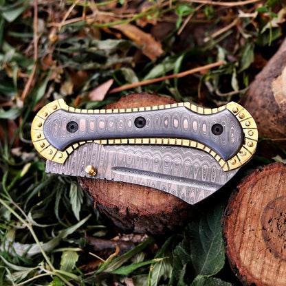 Handmade Damascus Steel Pocket Folding Knife with Brass Handle